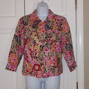 PATRICK CHRISTOPHER 100% Linen Floral Blazer Jacket Button Up 3/4 Sleeve